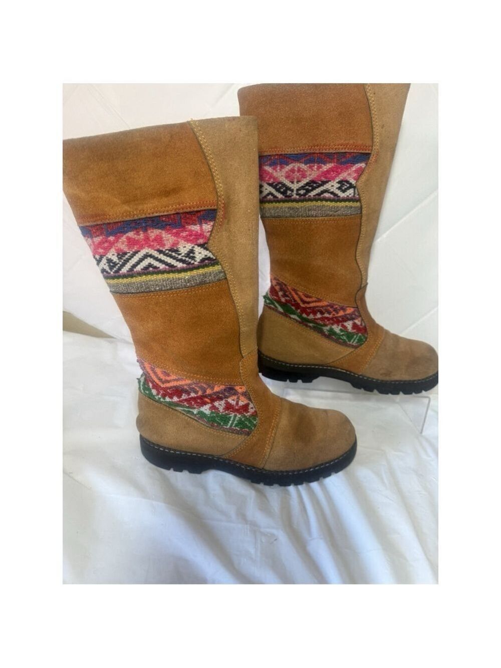 Vintage CATS Tan Suede Leather Tall Boots Boho Andean Woven Hippie Festival